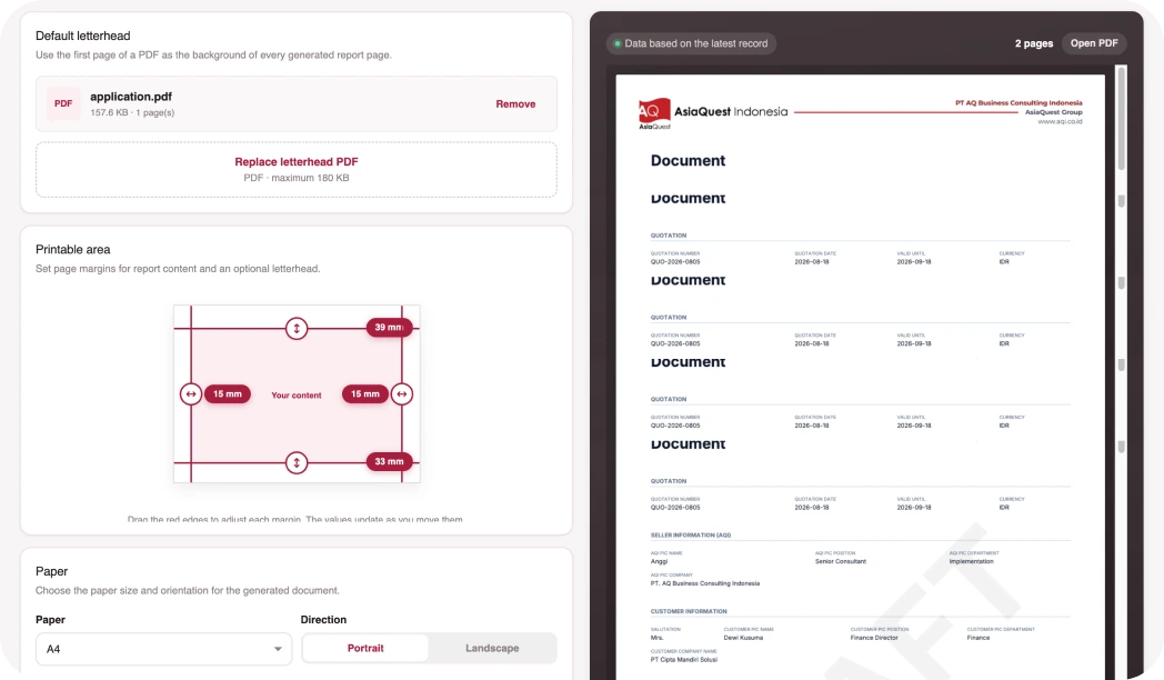 Record Print settings screen with default letterhead, printable area and paper options next to the live PDF preview