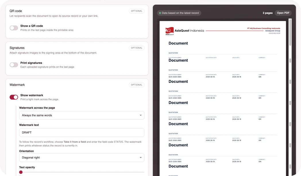 Record Print settings screen with QR code, signature and text watermark controls next to the live PDF preview