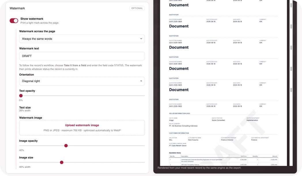 Watermark image upload with opacity and size sliders next to the exact PDF preview of a quotation