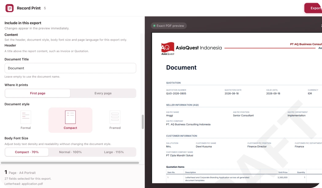 Include in this export panel inside a kintone record, with an Export button next to the exact PDF preview