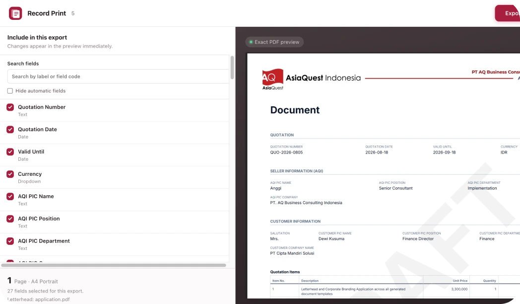 Field picker with search and checkboxes for which fields to include, next to the exact PDF preview