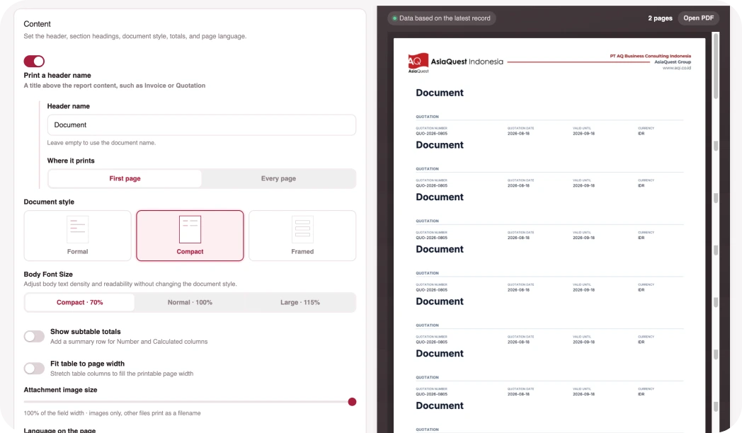 Content settings panel with document style and page-language options next to the live PDF preview