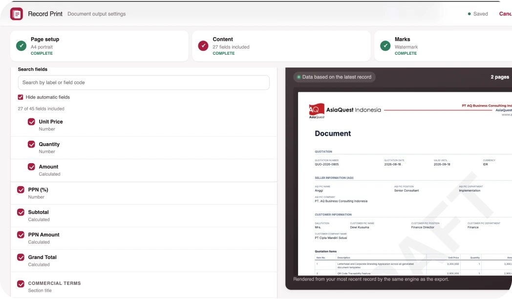 Document output settings overview with page setup, content and marks all complete, next to the live PDF preview