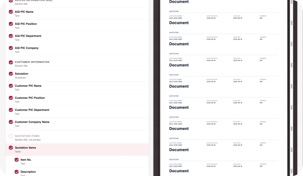 Field list scrolled to the customer information and quotation items table, next to the live PDF preview